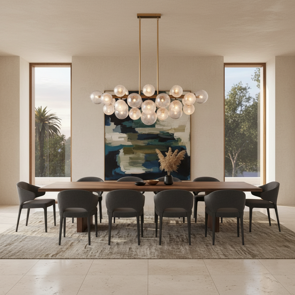 Luster Gaze Radiant Orb Linear Chandelier - American great room dining area