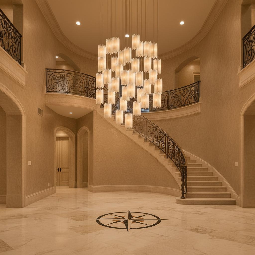 Luster Gaze Celestial Cascade Round Chandelier - grand American foyer with two-story ceiling