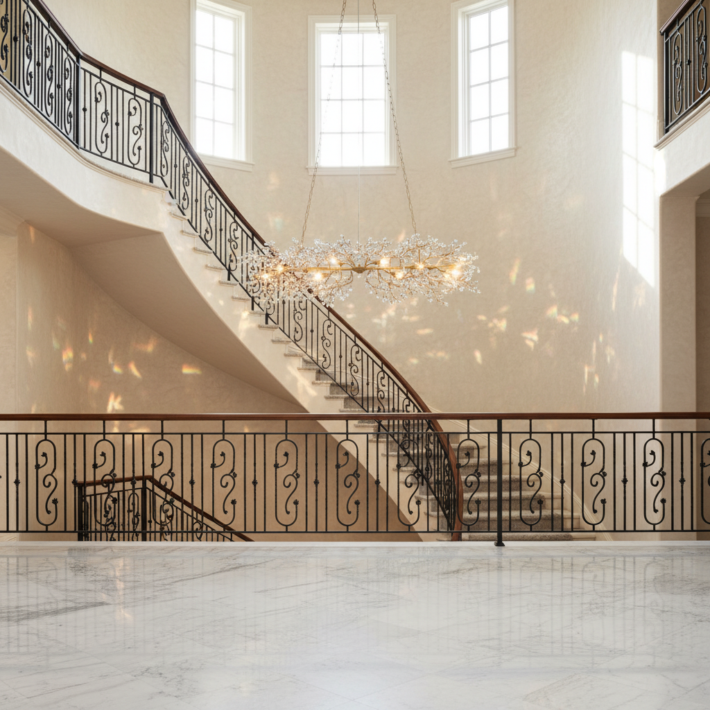 Luster Gaze Veridian Bloom Linear Chandelier - dramatic American stairwell with soaring ceiling