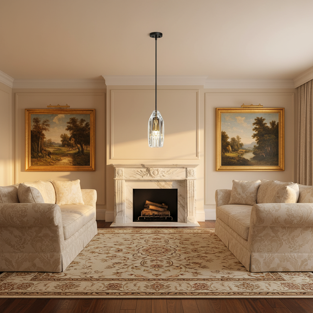 Luster Gaze Radiant Solitaire Brass Pendant Light - American formal living room with 12-foot ceilings