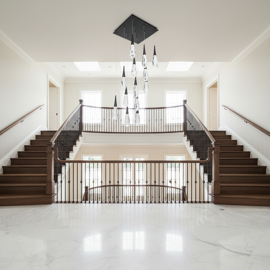 Luster Gaze Hibiscus Square LED Multi Pendant Light - dramatic American stairwell with three-story void
