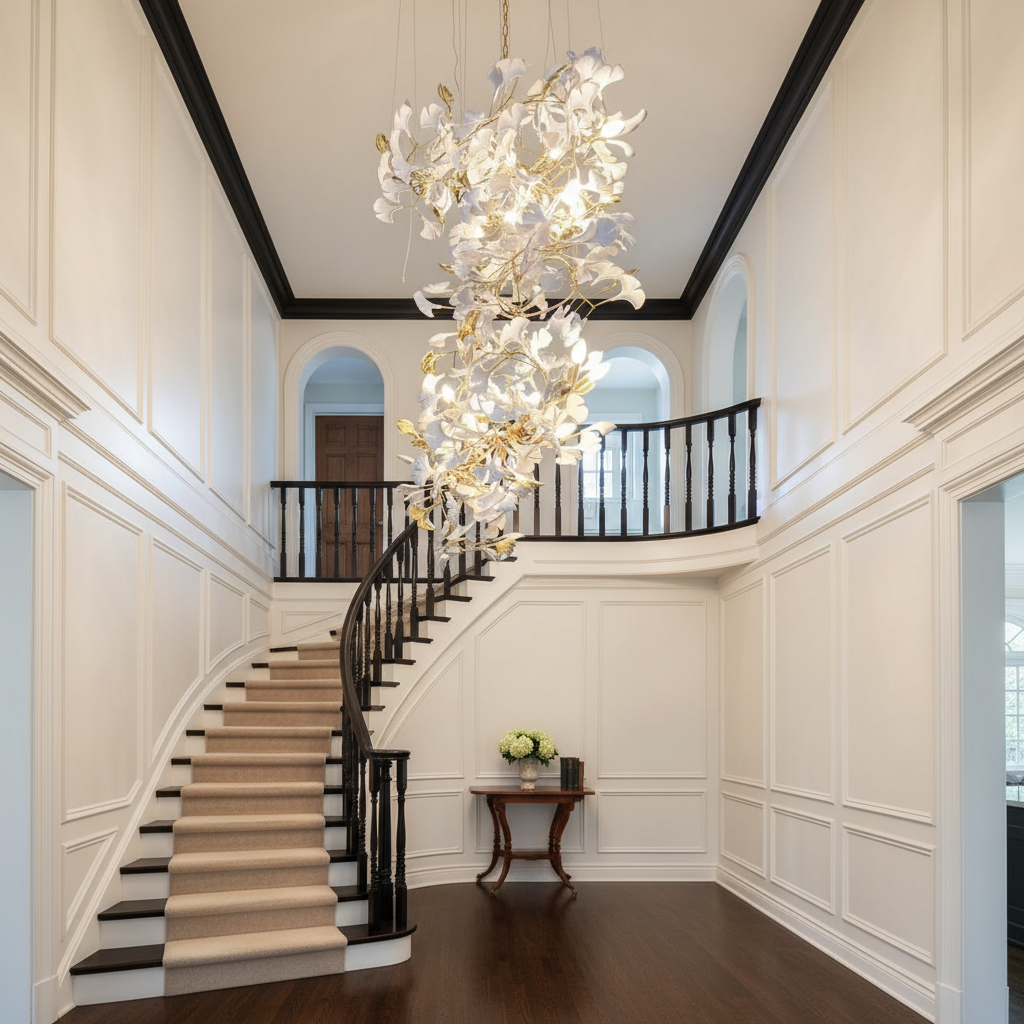 Luster Gaze Artistic Tree Branch Pendant Light with Ceramic Ginkgo Leaves for High Ceilings in Hotel or Home - elegant American entryway with arched doorway