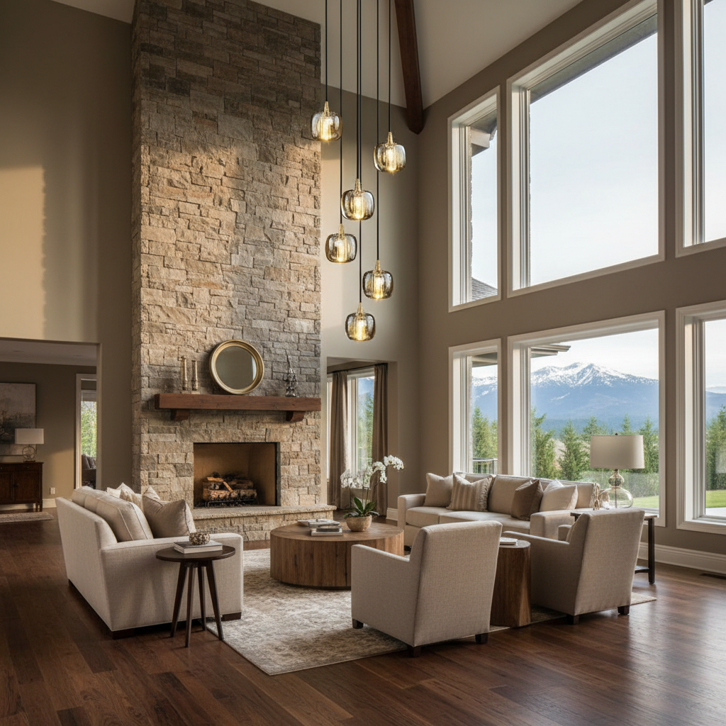 Luster Gaze Grand Lumina Cascading Pendant Chandelier - American transitional great room with cathedral ceiling