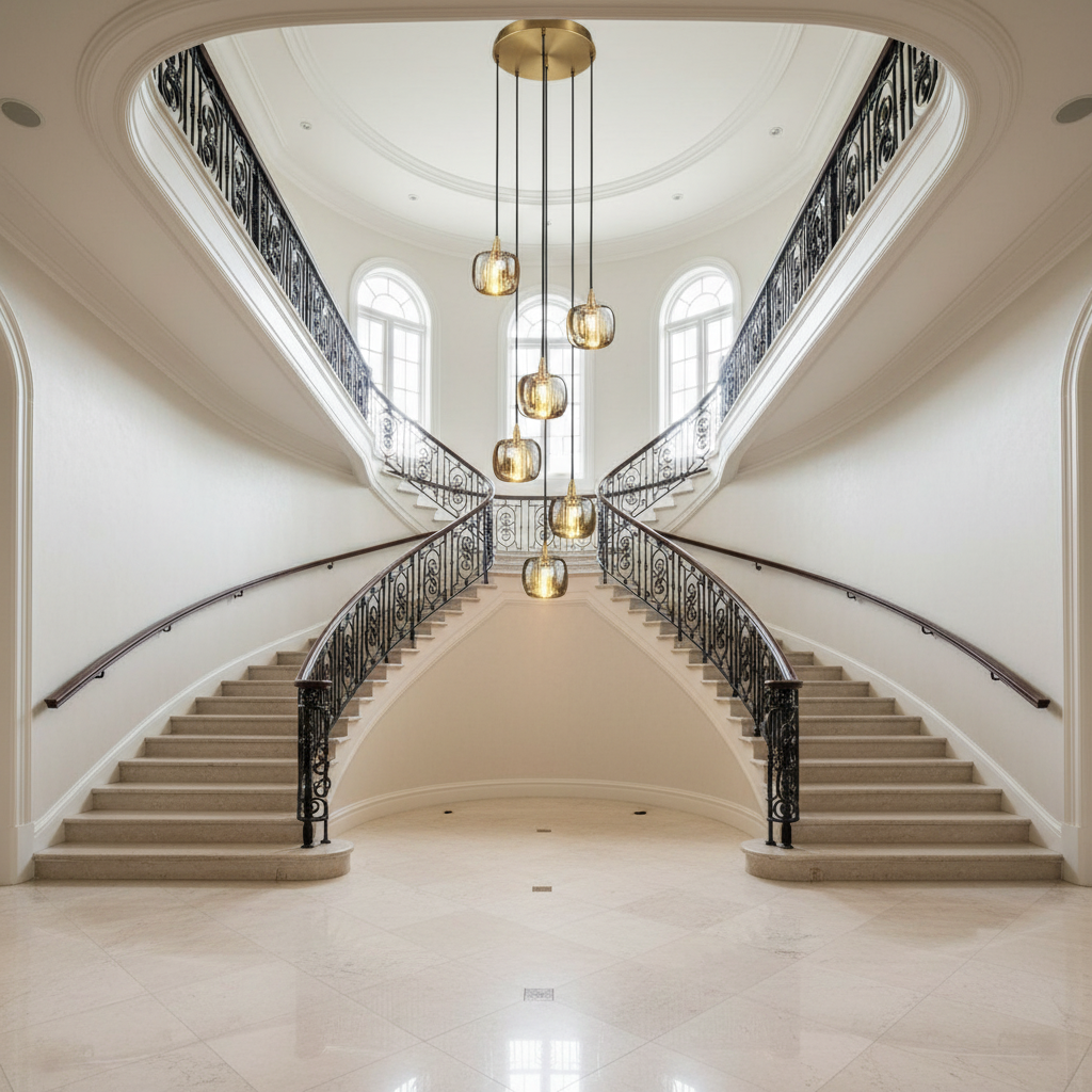 Luster Gaze Grand Lumina Cascading Pendant Chandelier - dramatic American stairwell with soaring ceiling