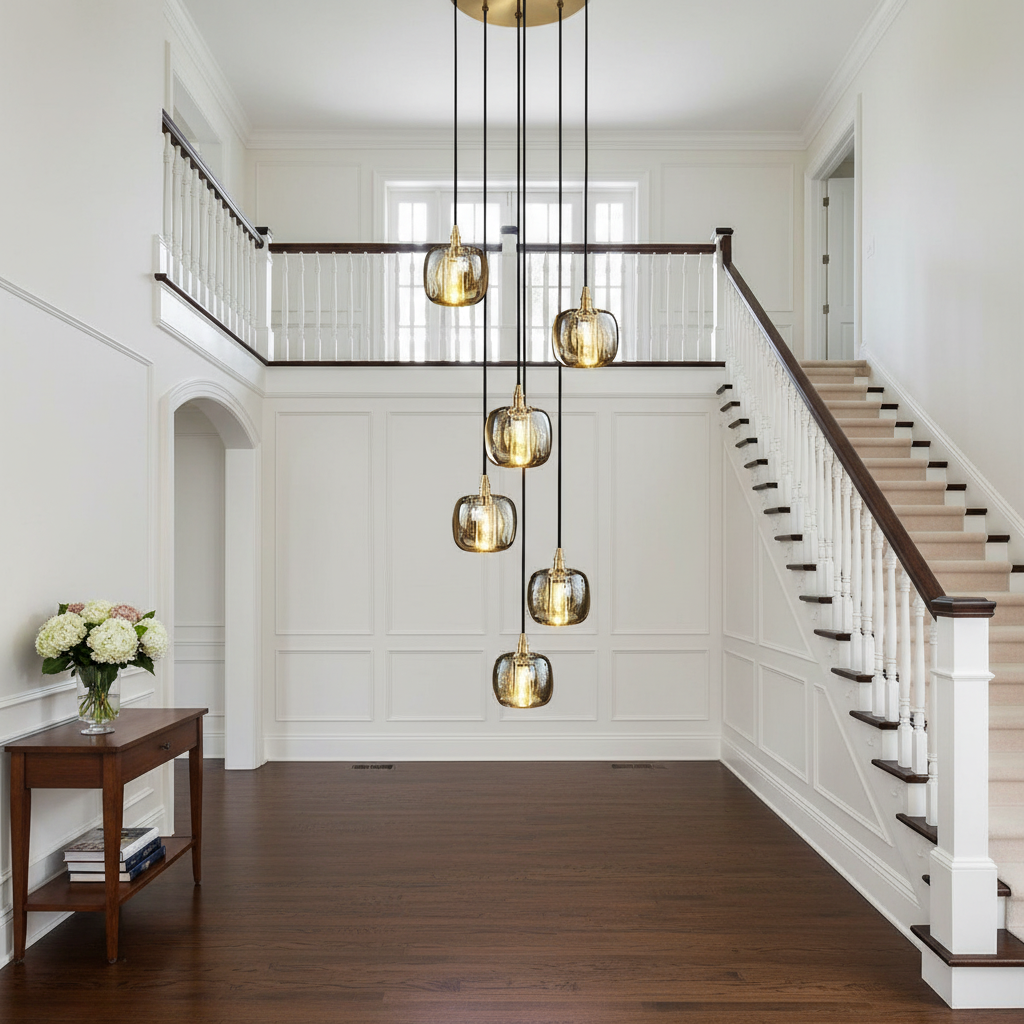 Luster Gaze Grand Lumina Cascading Pendant Chandelier - elegant American entryway with arched doorway