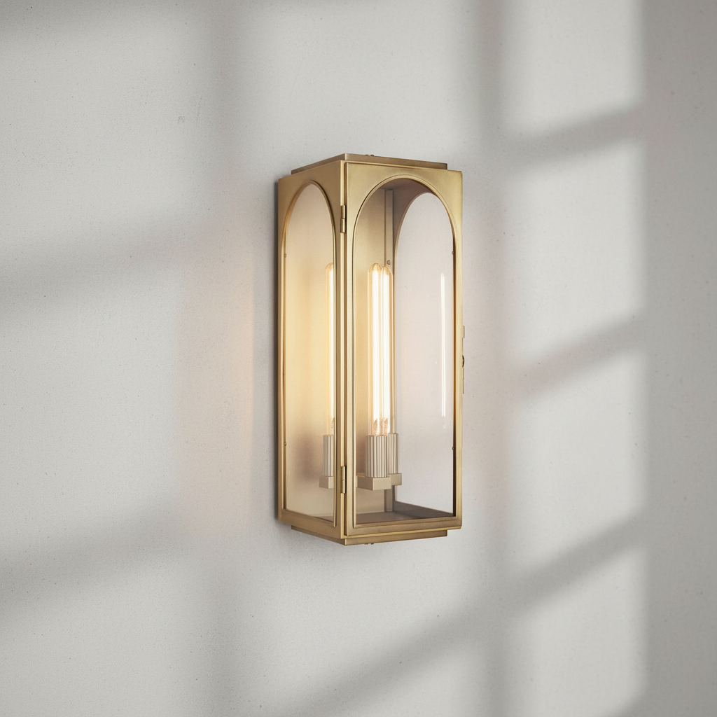 Luster Gaze Veridian Brass Outdoor Wall Sconce - Background Shot