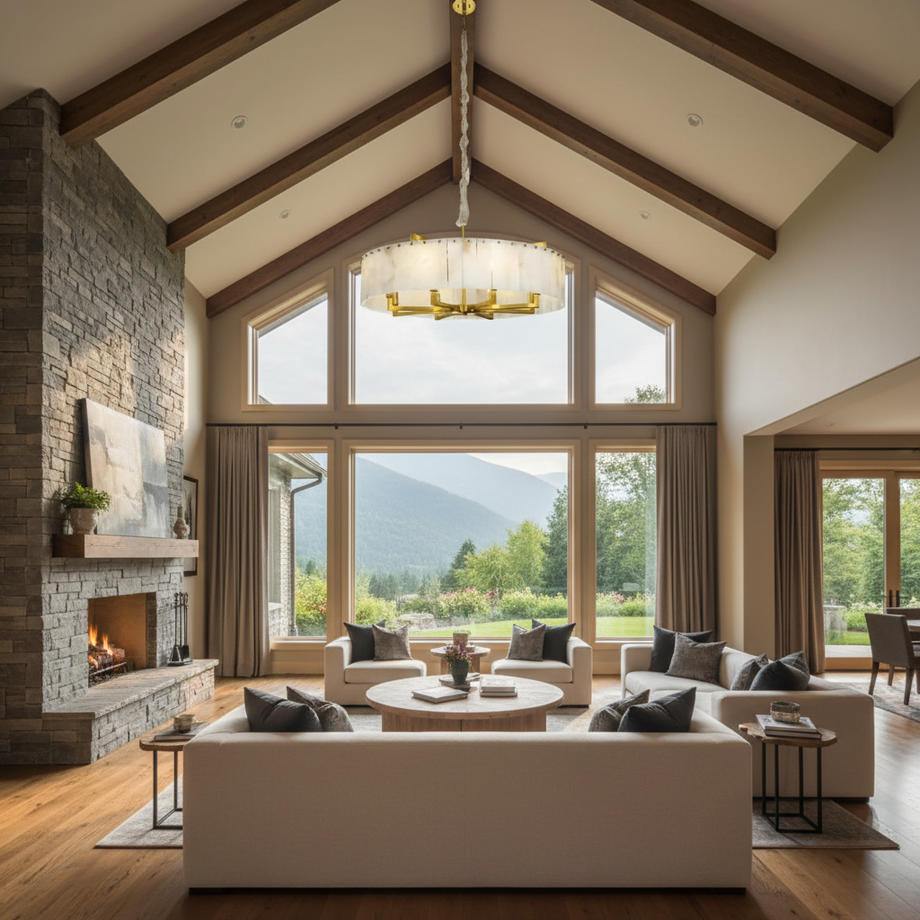 Luster Gaze Aura Alabaster Round Chandelier - American transitional great room with cathedral ceiling