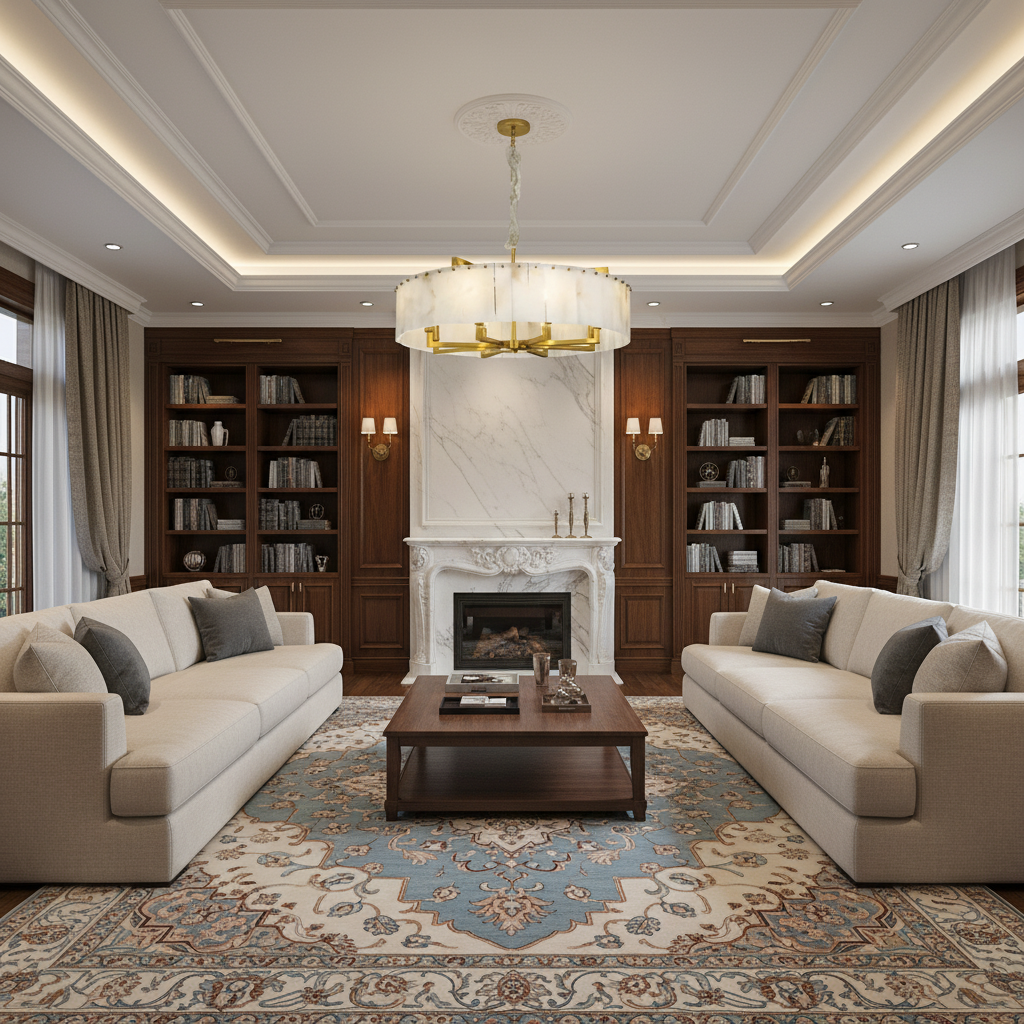 Luster Gaze Aura Alabaster Round Chandelier - luxurious American living room with tray ceiling