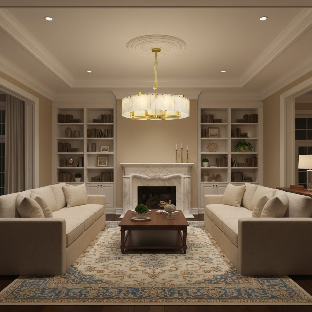 Luster Gaze Aura Alabaster Round Chandelier - luxurious American living room with tray ceiling