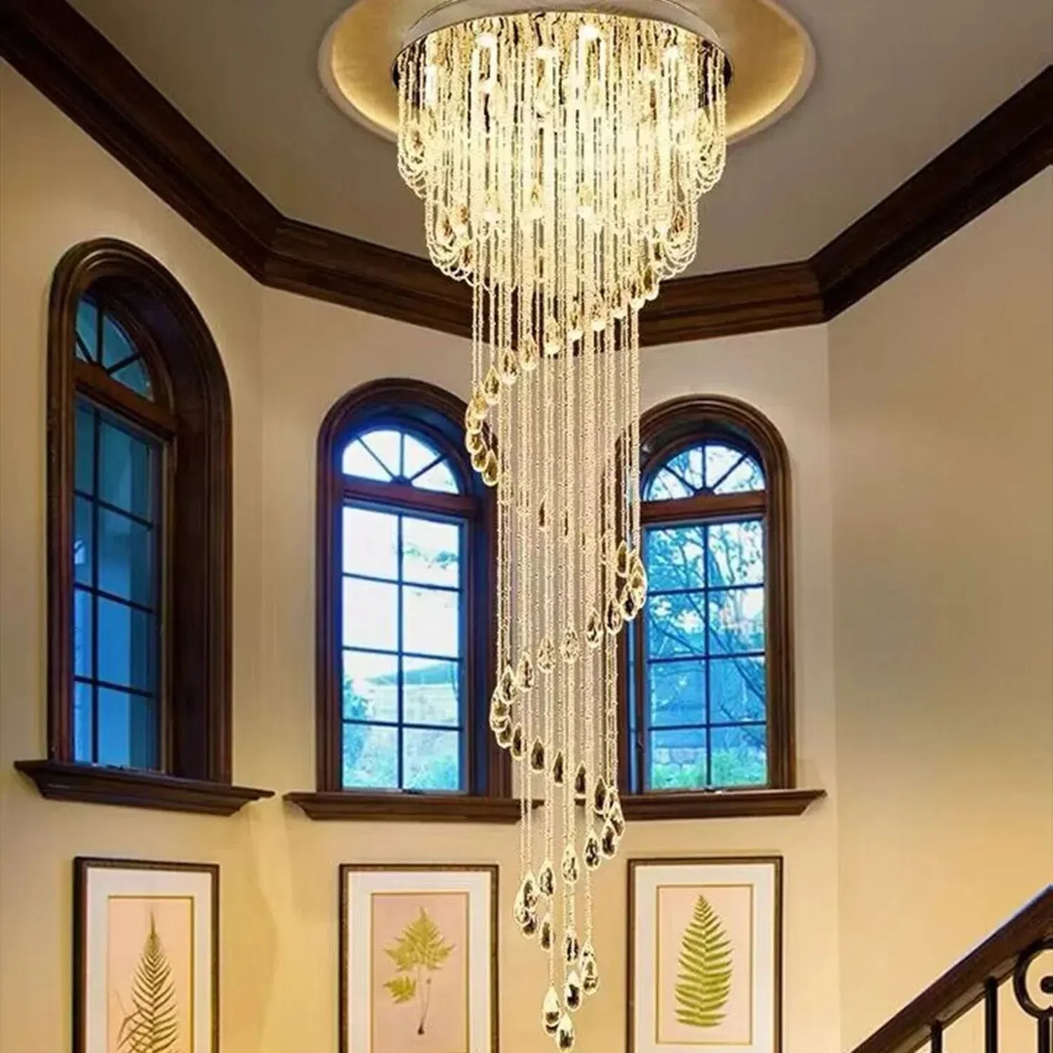 extra large, oversized, luxury, crystal, stainless steel, staircase,spiral,cascade, modern, chandelier, duplex building, China, shining