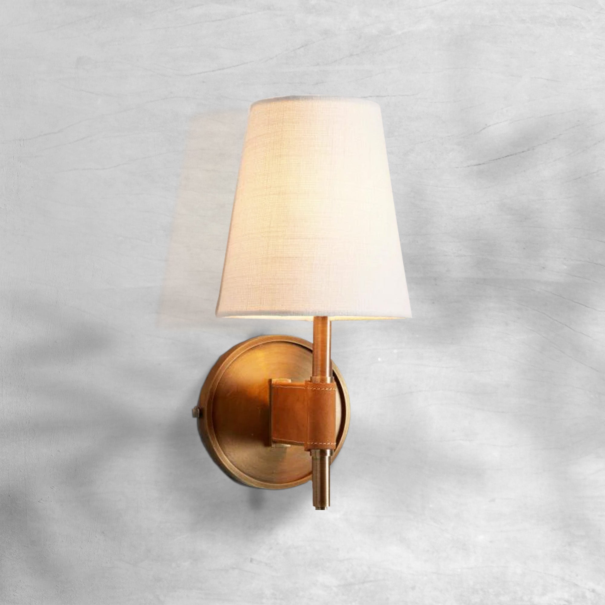 Luster Gaze Heritage Brass & Leather Wall Sconce - sophisticated American living room