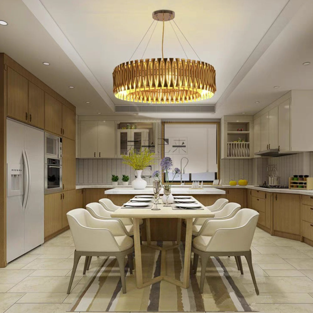 Post-Modern Light Luxury Aluminum Hollow Round Gold Chandelier for Living/Dining Room/Bar