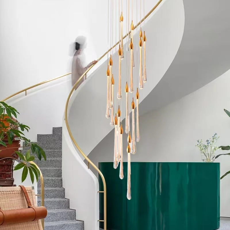 Modern Long Gold Glass Rain Rod Pendant Light for Staircase/High-ceiling room