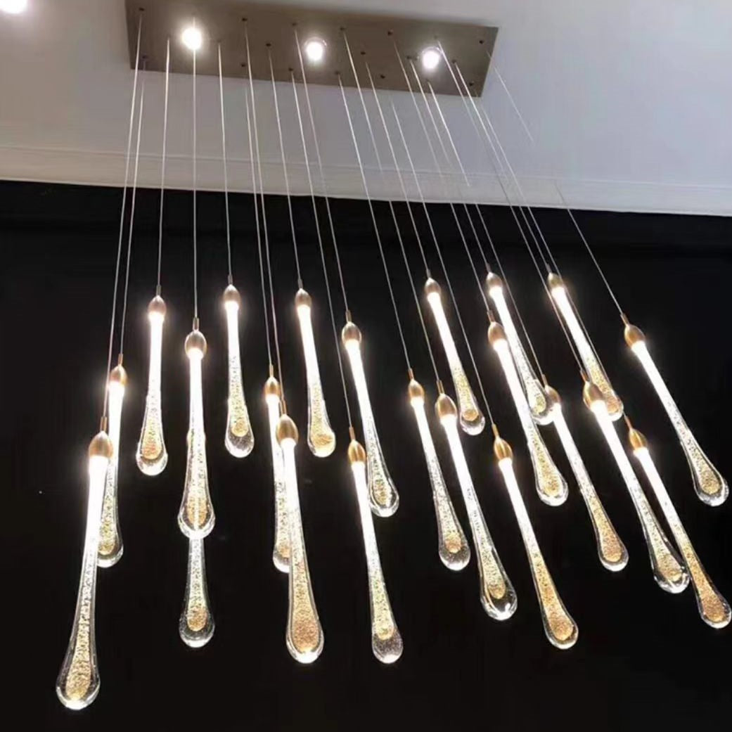 Modern Long Gold Glass Rain Rod Pendant Light for Staircase/High-ceiling room