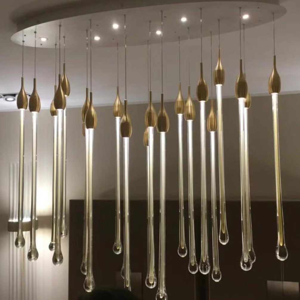 Modern Long Gold Glass Rain Rod Pendant Light for Staircase/High-ceiling room