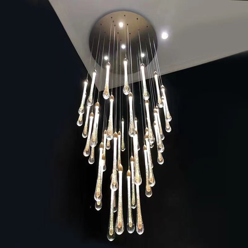 Modern Long Gold Glass Rain Rod Pendant Light for Staircase/High-ceiling room