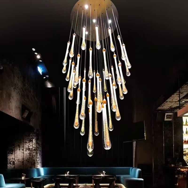 Modern Long Gold Glass Rain Rod Pendant Light for Staircase/High-ceiling room