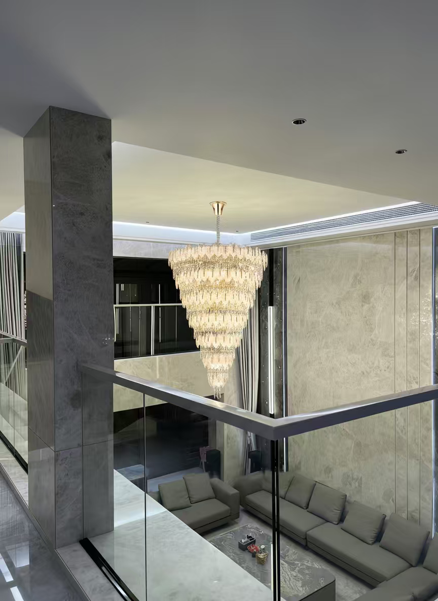 Luxurious Cascading Handcrafted Glass Leaf Multi-Tier Crystal Waterfall Chandelier