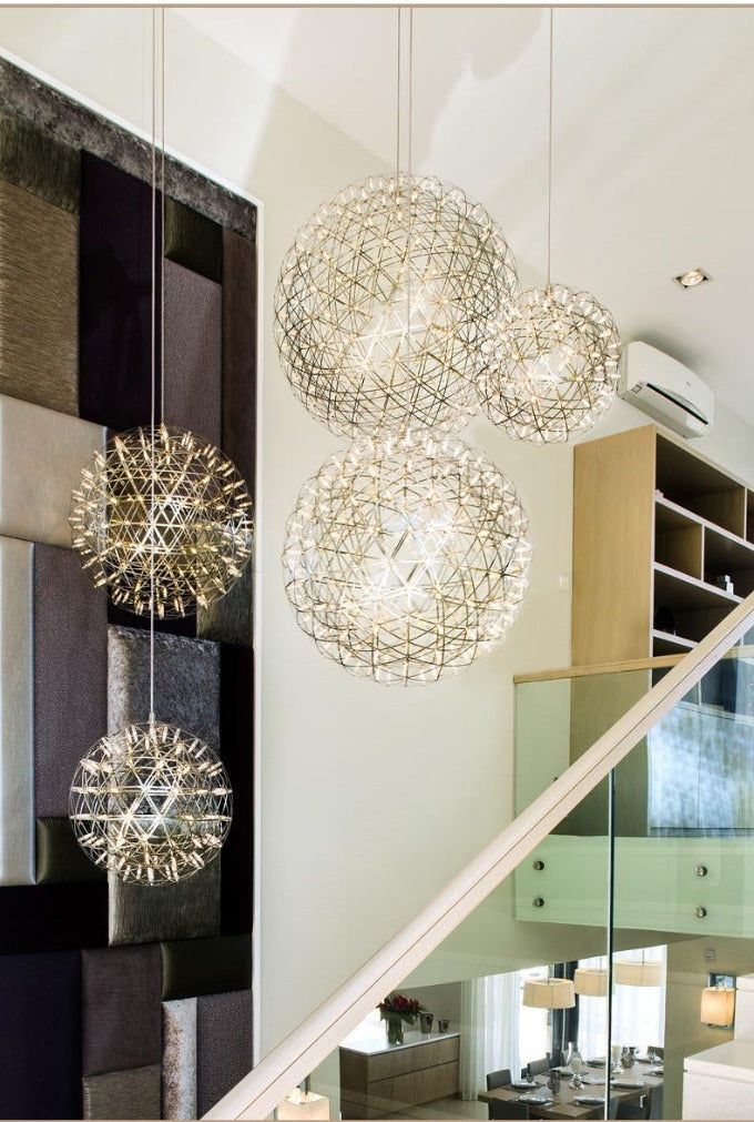 Round Starry Sky Chandelier Light Fire Ball Ceiling Lighting for Living Room/Cottage/High-ceiling