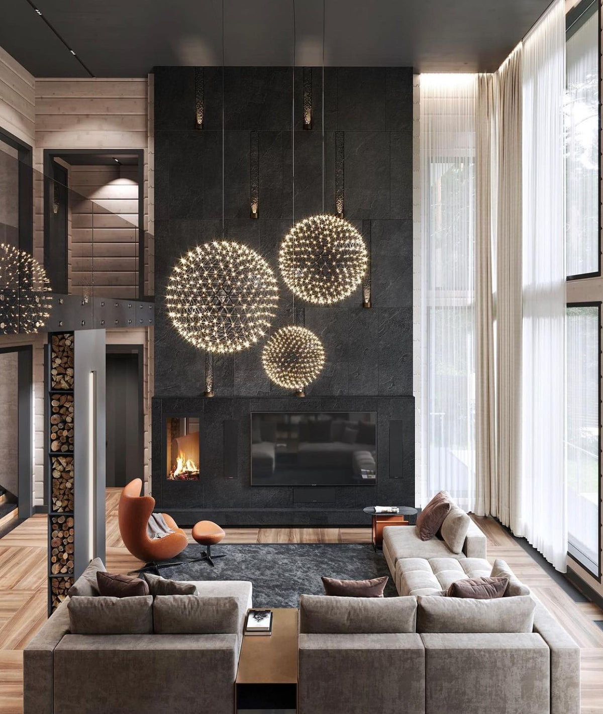 Round Starry Sky Chandelier Light Fire Ball Ceiling Lighting for Living Room/Cottage/High-ceiling