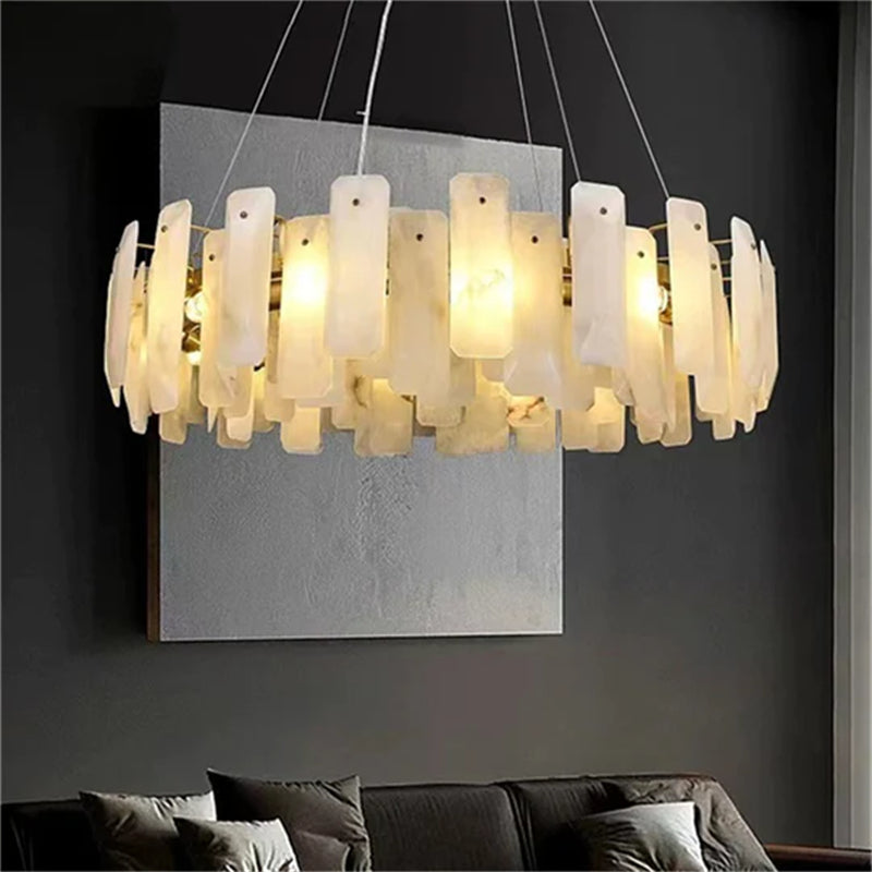 Carlos Modern Alabaster Round Chandelier, Real Alabaster Chandlier Over Dining Table chandelier Luster Gaze