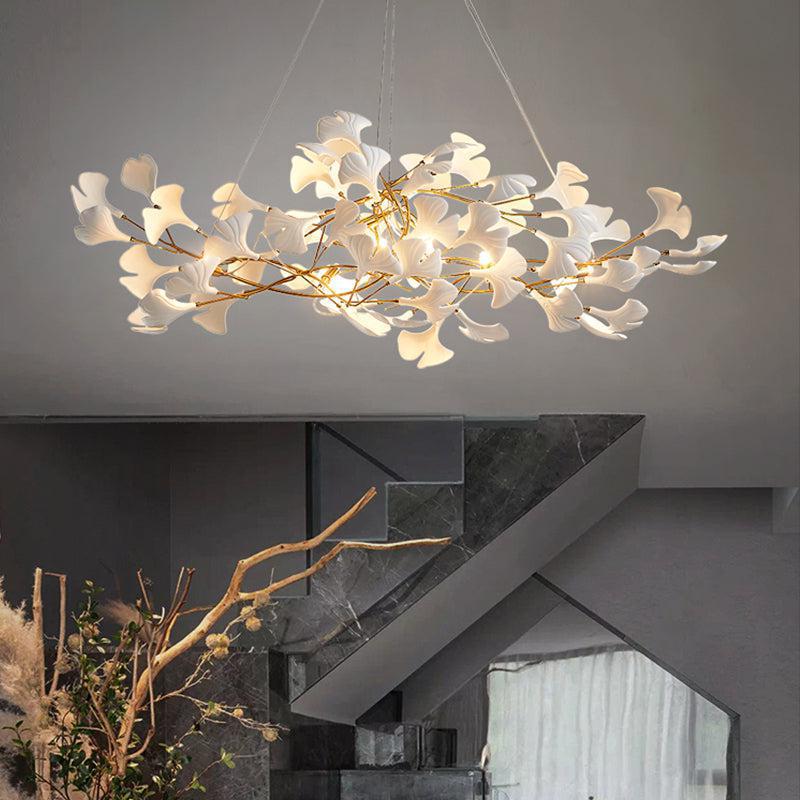 Luster Gaze Ceramic Petal Modern Linear Branch Chandelier - dramatic American stairwell with soaring ceiling