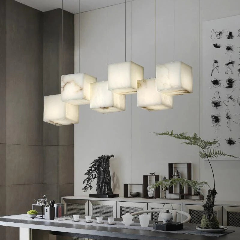 Vasilia Alabaster Cubic Pendant For Dining Table, Kitchen Island Pendant Chandeliers Luster Gaze