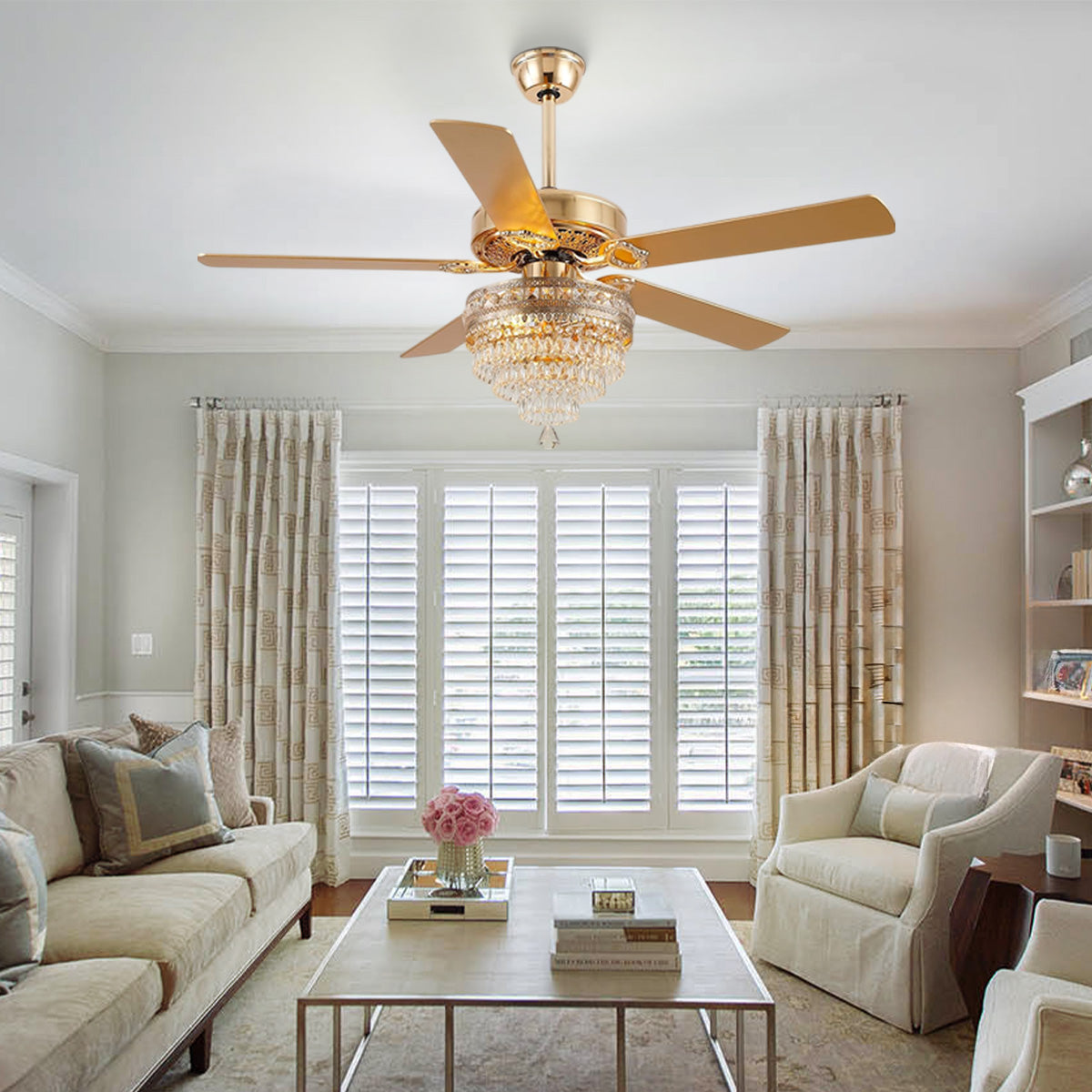 Noiseless Crystal Ceiling Fan Fandelier with Lights 52"