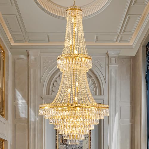 34-Light Gold Chandeliers for High Ceilings, Large Raine Chandelier for Foyer, Entryway, Staircase, Luxury Long Big Hanging Light Fixtures with Glass, Brass Pendant Light Fixtures Living Room