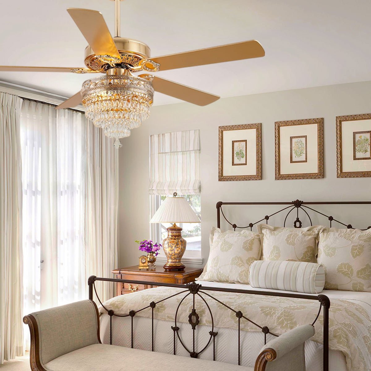 Noiseless Crystal Ceiling Fan Fandelier with Lights 52"