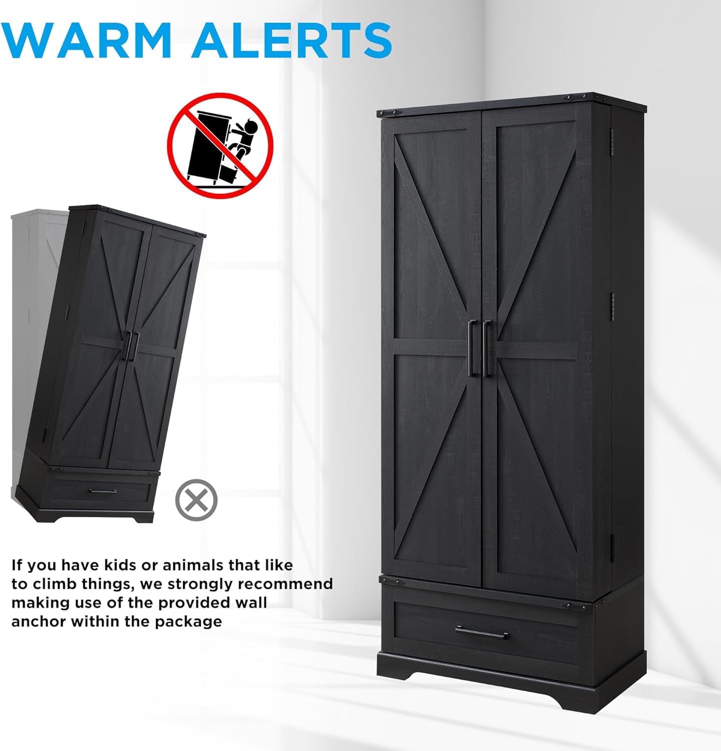 72" Farmhouse Kitchen Pantry Cabinet with Drawer, Barn Door Design