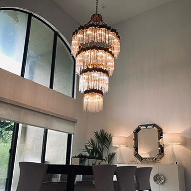 Luster Gaze Grand Radiance Multi-Tiered Round Chandelier - American transitional great room with cathedral ceiling