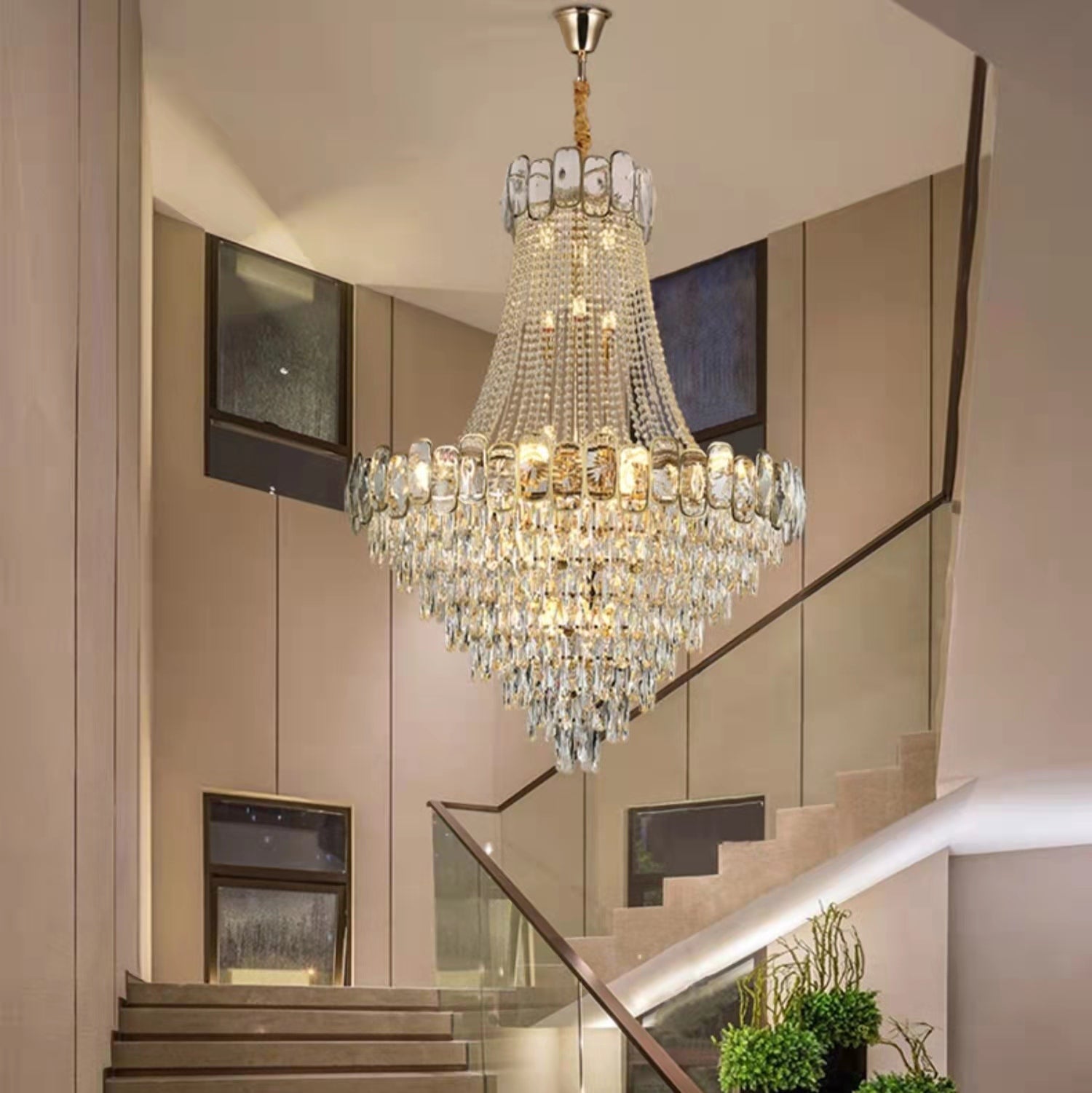 Luster Gaze Grand Lumina K9 Crystal Round Chandelier - grand American foyer with two-story ceiling