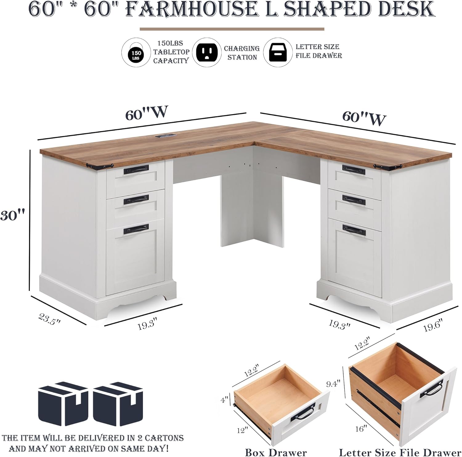 60" Farmhouse L Shaped Desk with Charging Station and Drawers