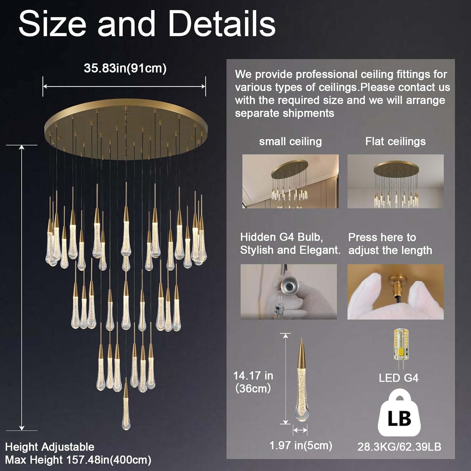 34-Light Gold Chandeliers for High Ceilings, Large Raine Chandelier for Foyer, Entryway, Staircase, Luxury Long Big Hanging Light Fixtures with Glass, Brass Pendant Light Fixtures Living Room