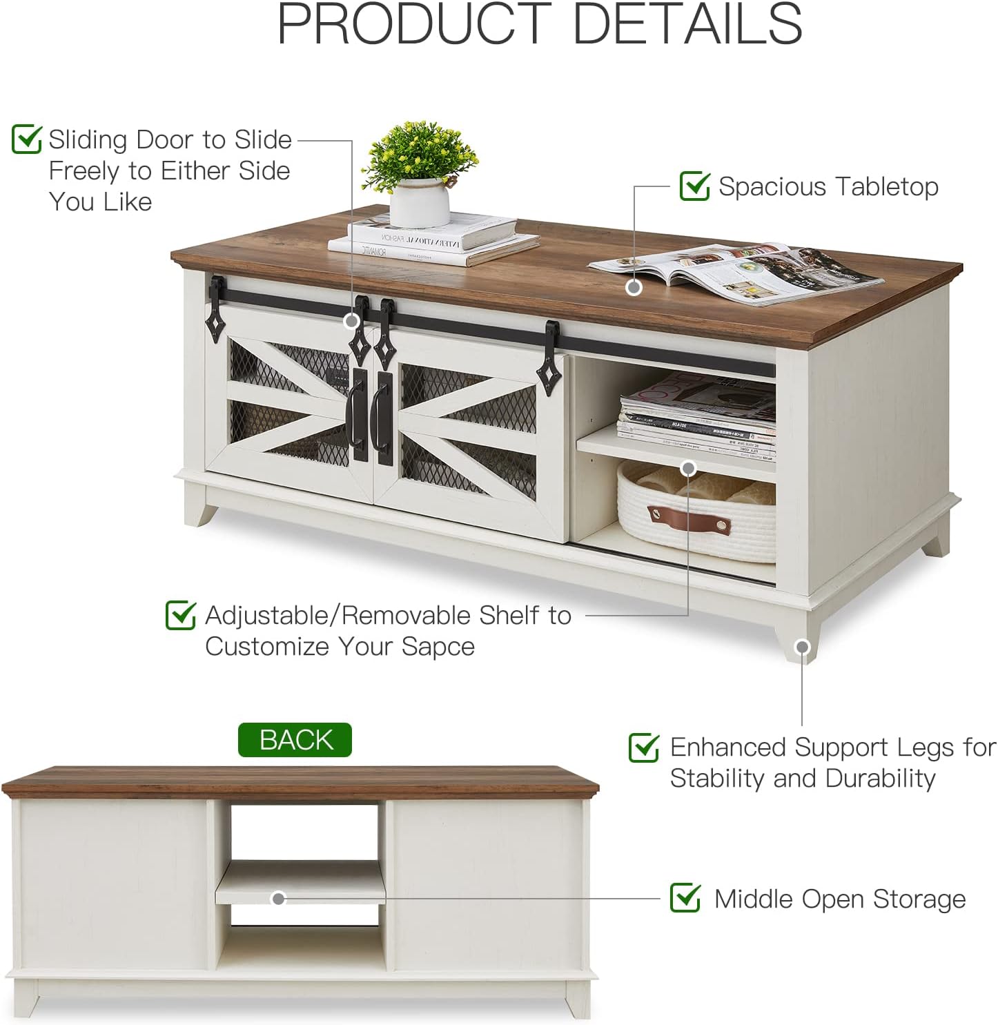 OKD 48'' Farmhouse Coffee Table with Storage and Sliding Barn Doors
