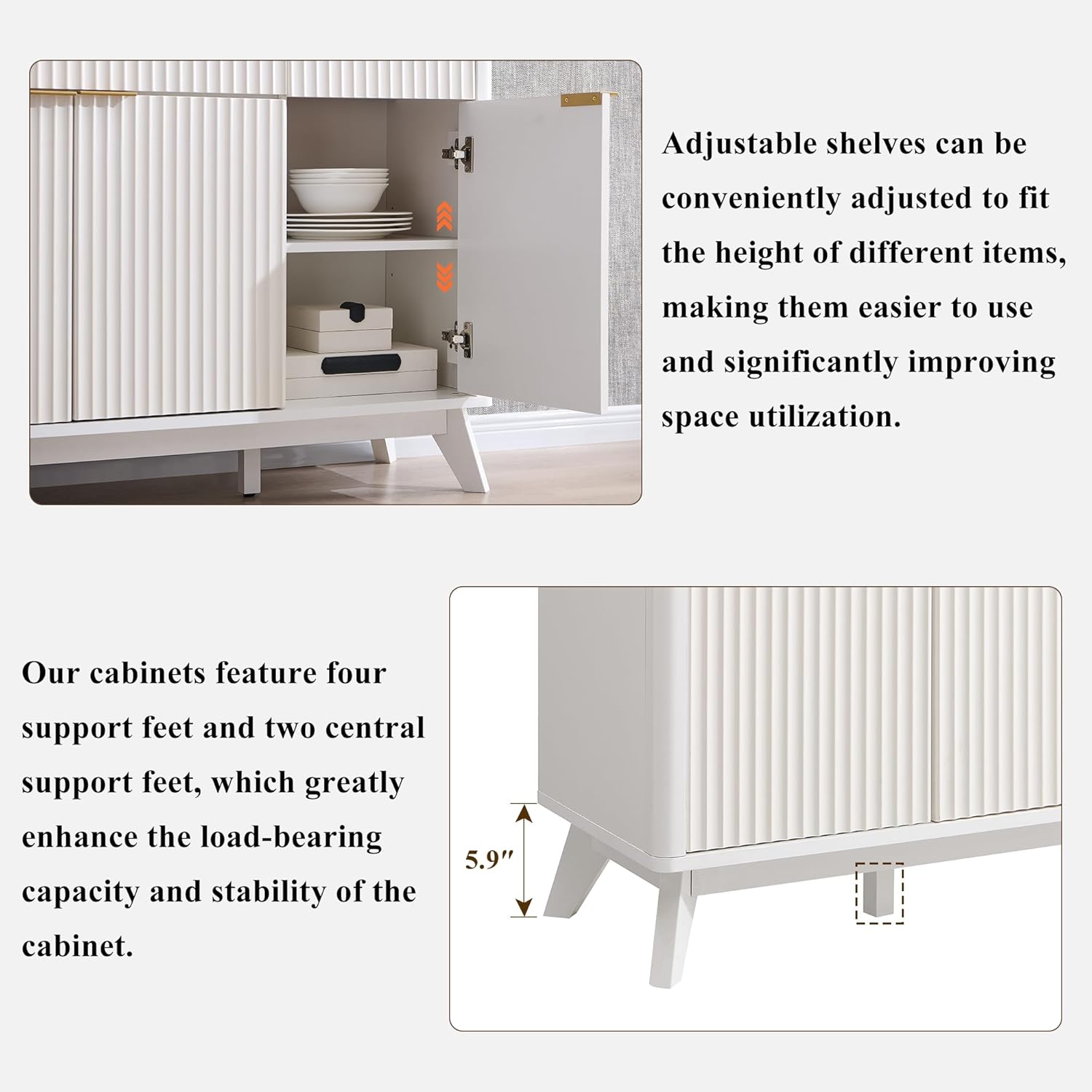 OKD 60" White Fluted Buffet Sideboard Cabinet with Storage