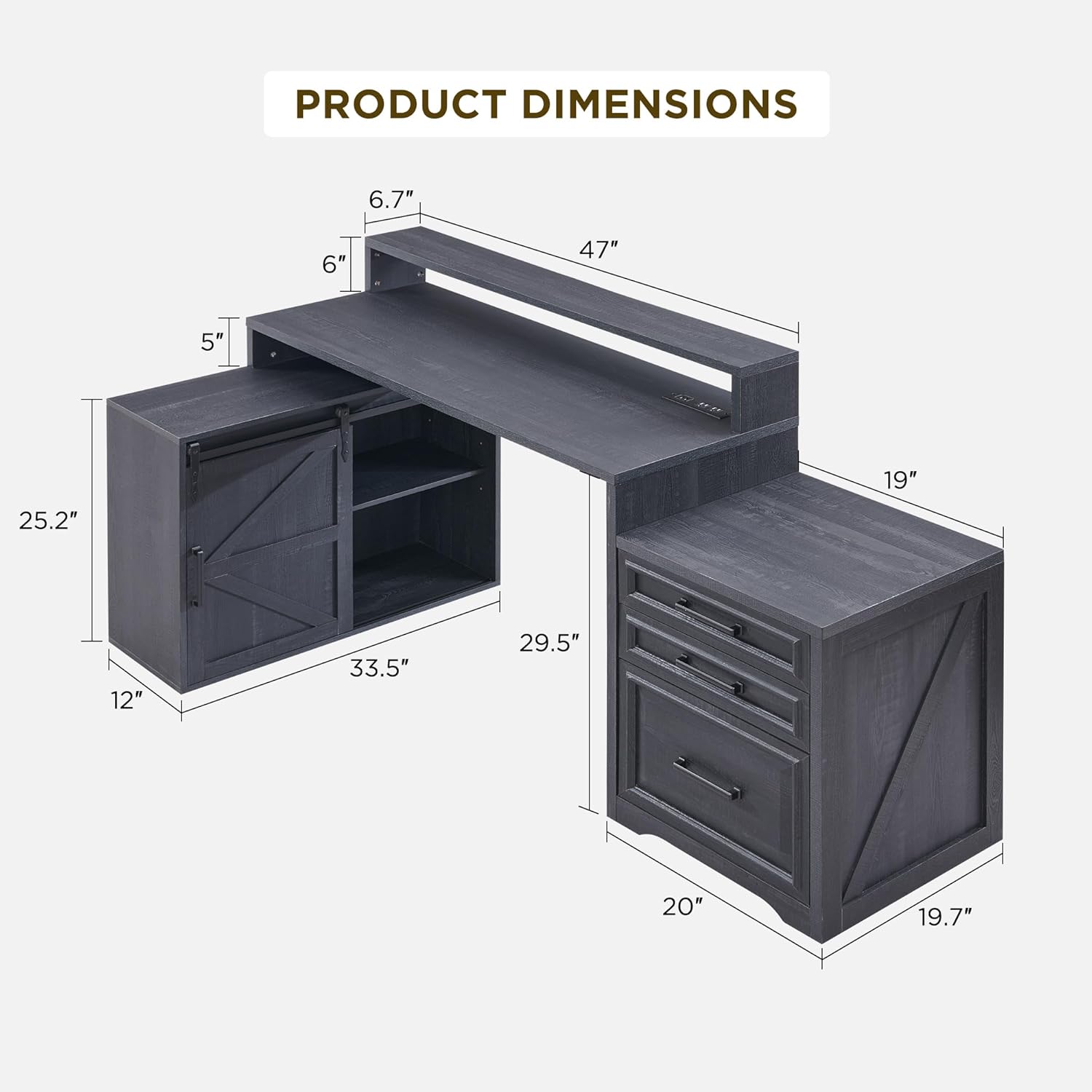 JXQTLINGMU 67 Inch Modern Farmhouse Computer Desk with File Cabinet