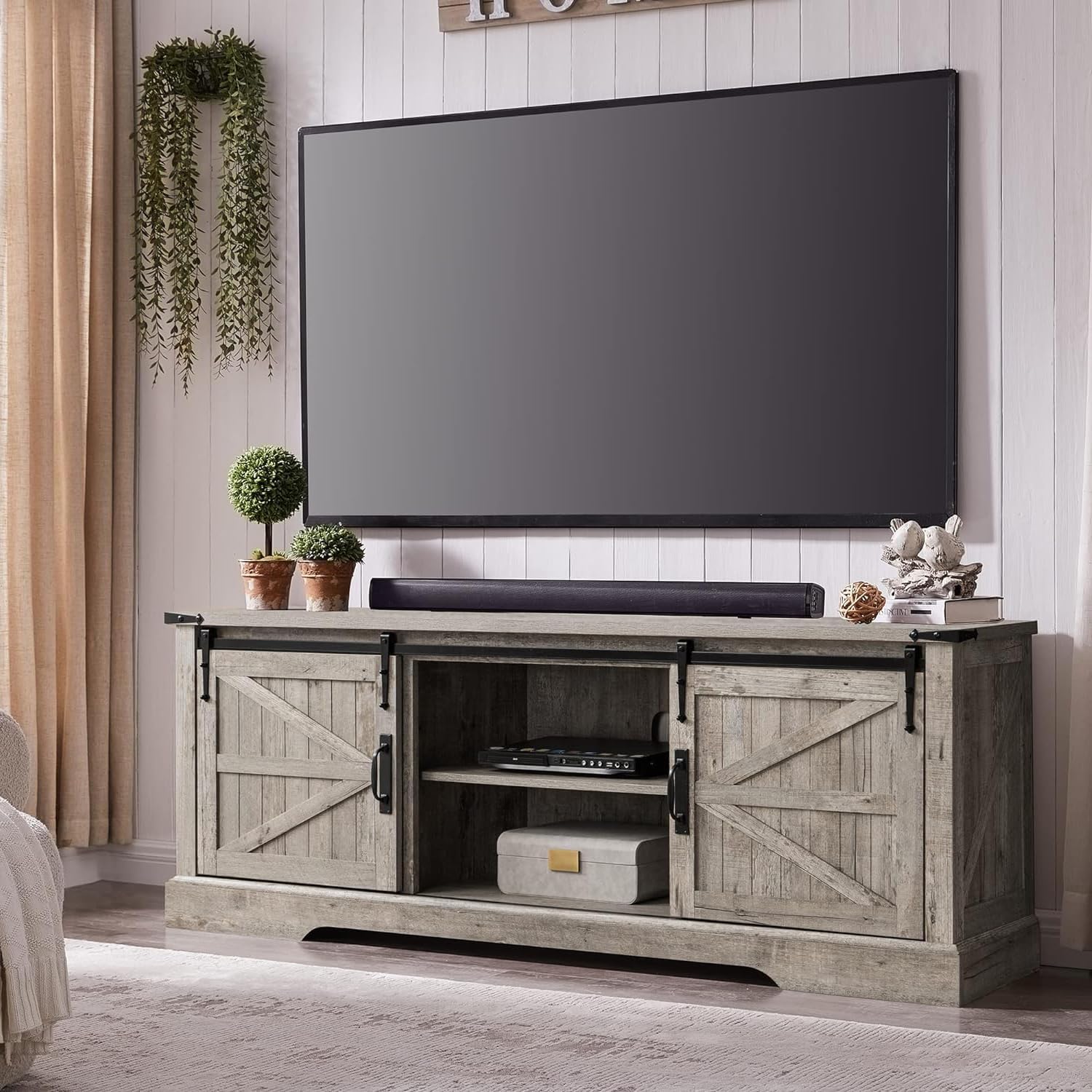 66" Farmhouse Entertainment Center with Sliding Barn Door for 75" TV