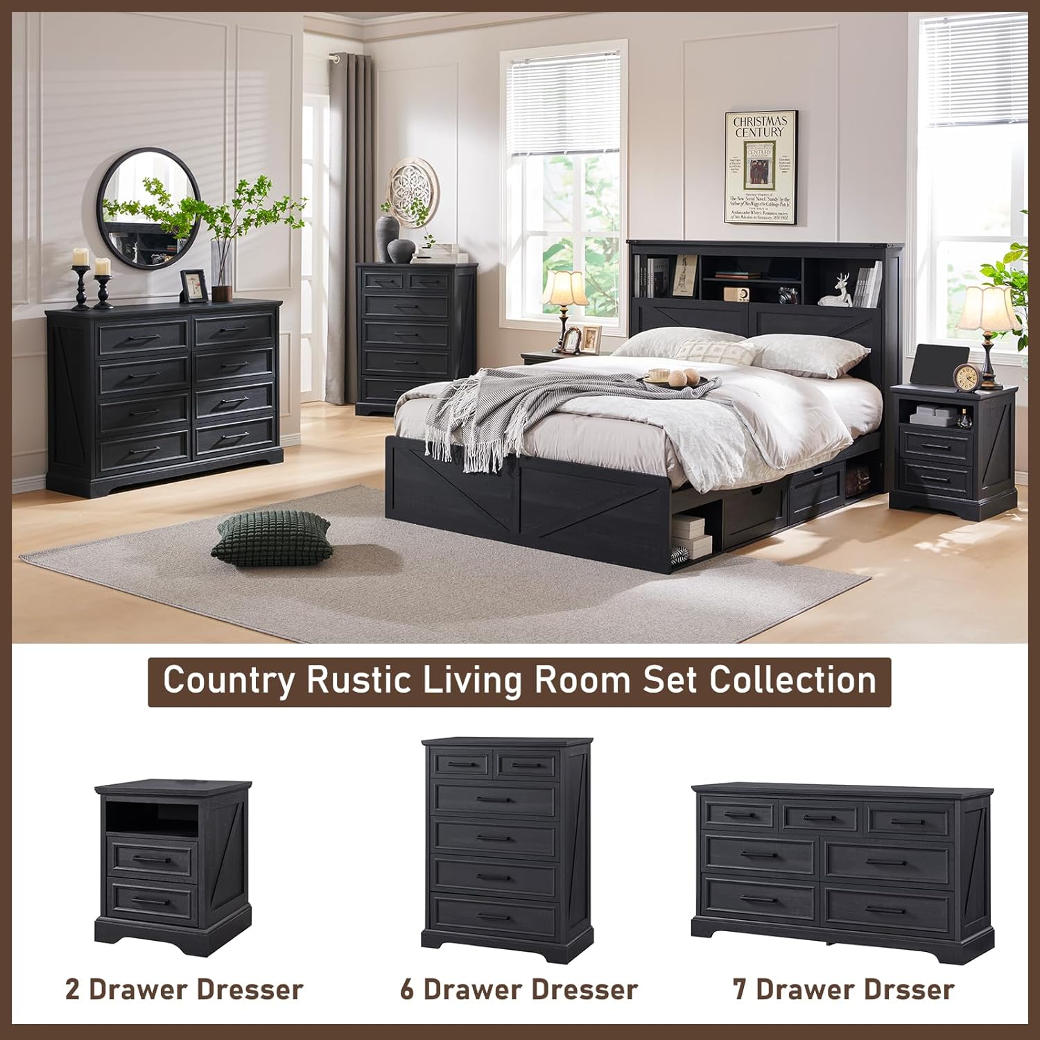 52" Wide Farmhouse 7-Drawer Dresser | Black Chest of Drawers