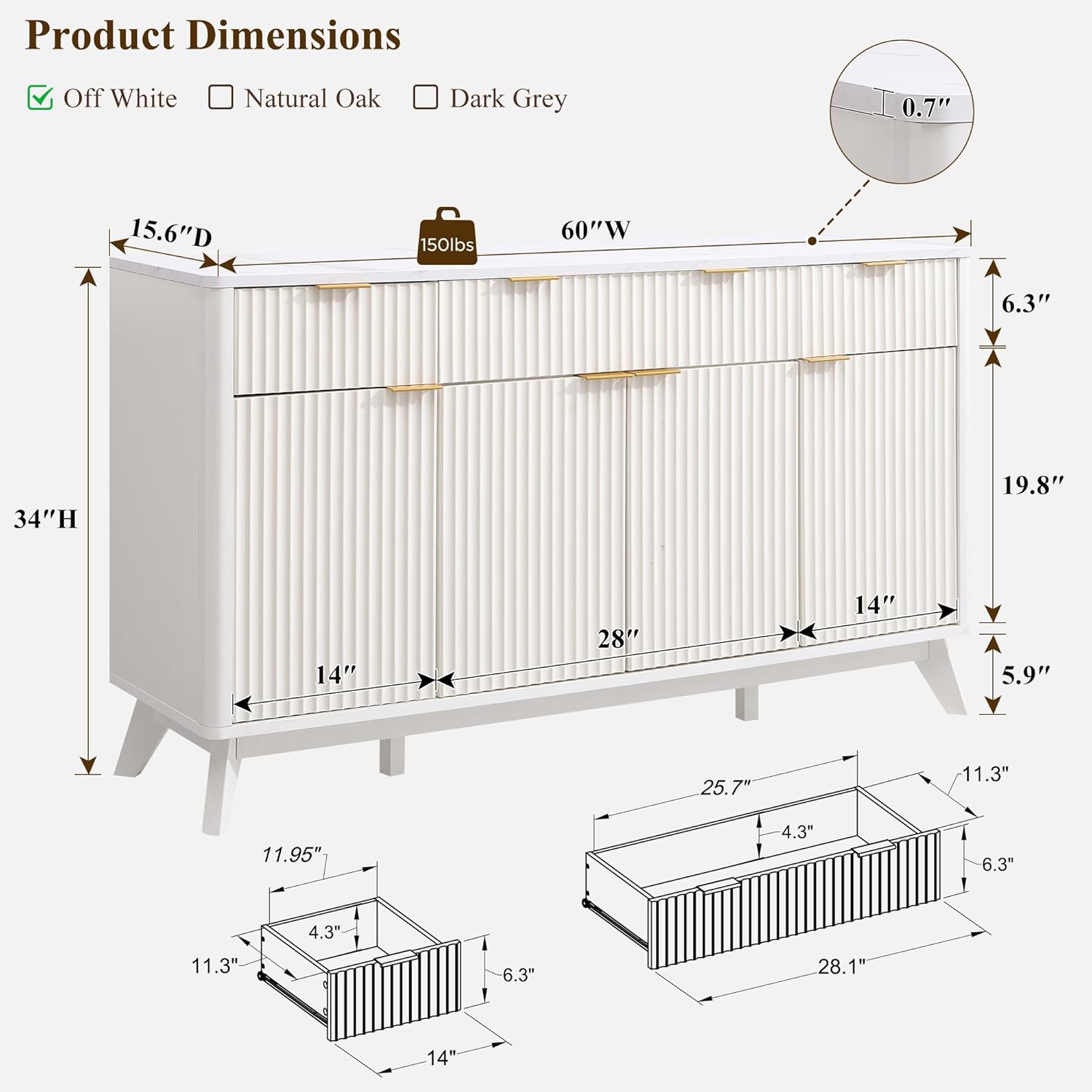 OKD 60" White Fluted Buffet Sideboard Cabinet with Storage