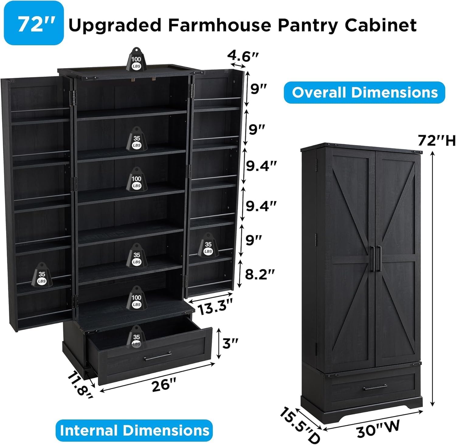 72" Farmhouse Kitchen Pantry Cabinet with Drawer, Barn Door Design