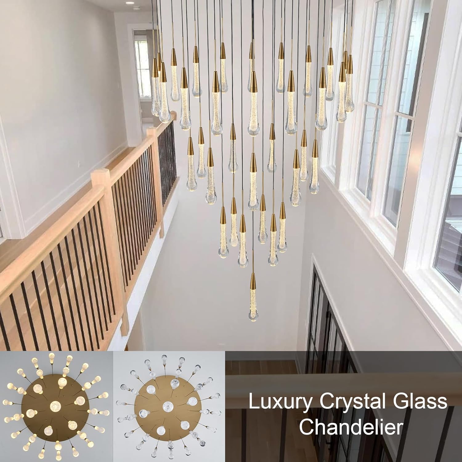 34-Light Gold Chandeliers for High Ceilings, Large Raine Chandelier for Foyer, Entryway, Staircase, Luxury Long Big Hanging Light Fixtures with Glass, Brass Pendant Light Fixtures Living Room