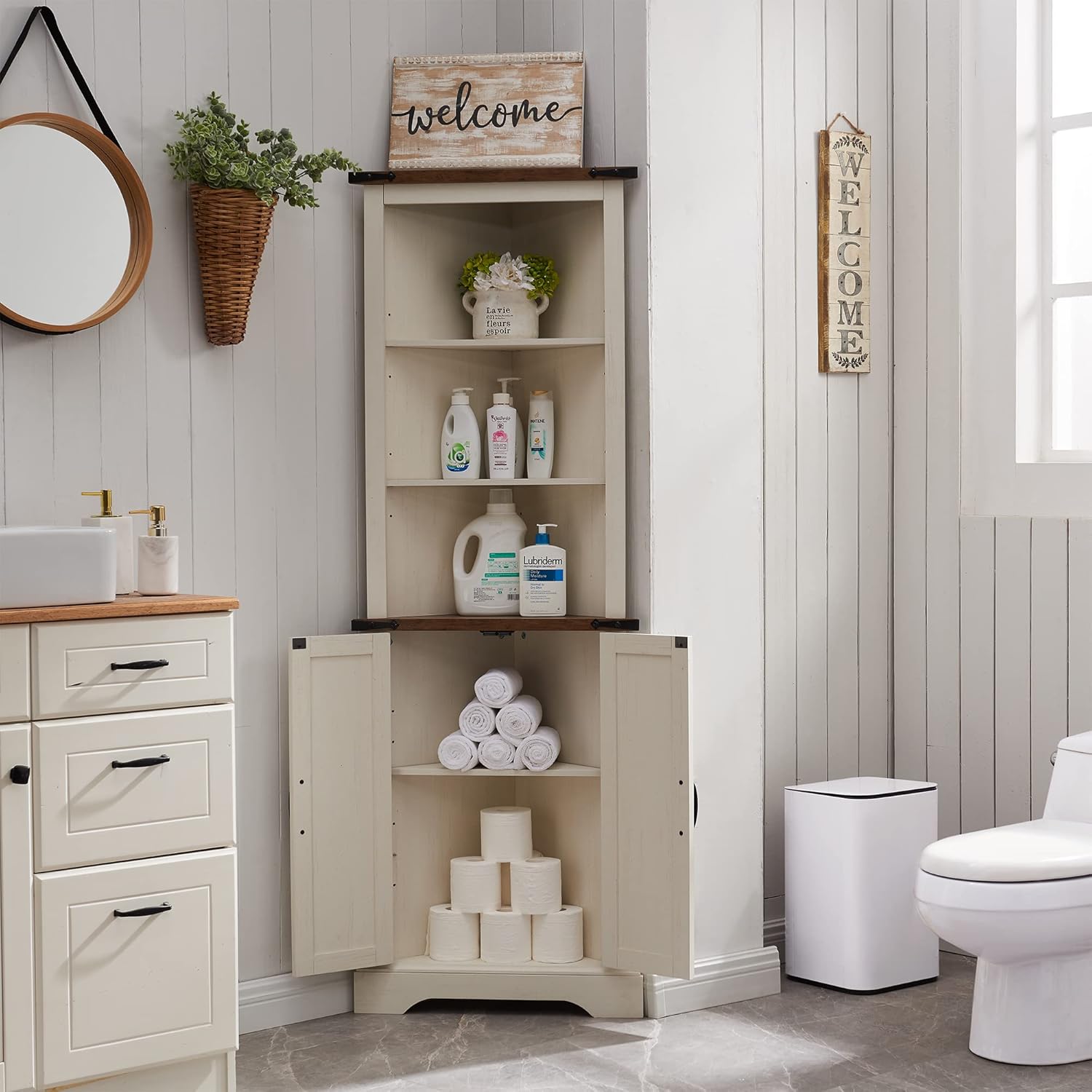 OKD Tall Corner Cabinet Farmhouse Storage Cabinet with Barn Door