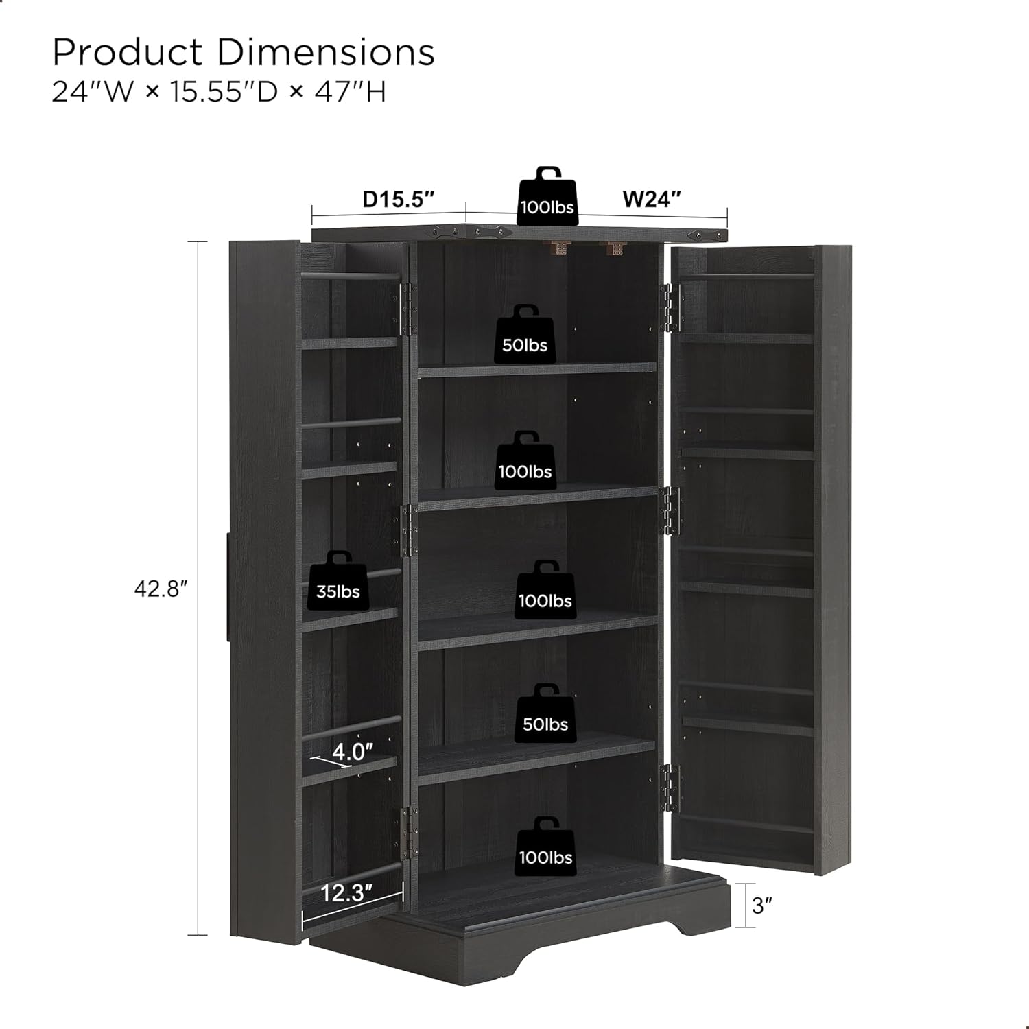 JXQTLINGMU 47" Wooden Storage Cabinet Farmhouse Pantry Organizer Black