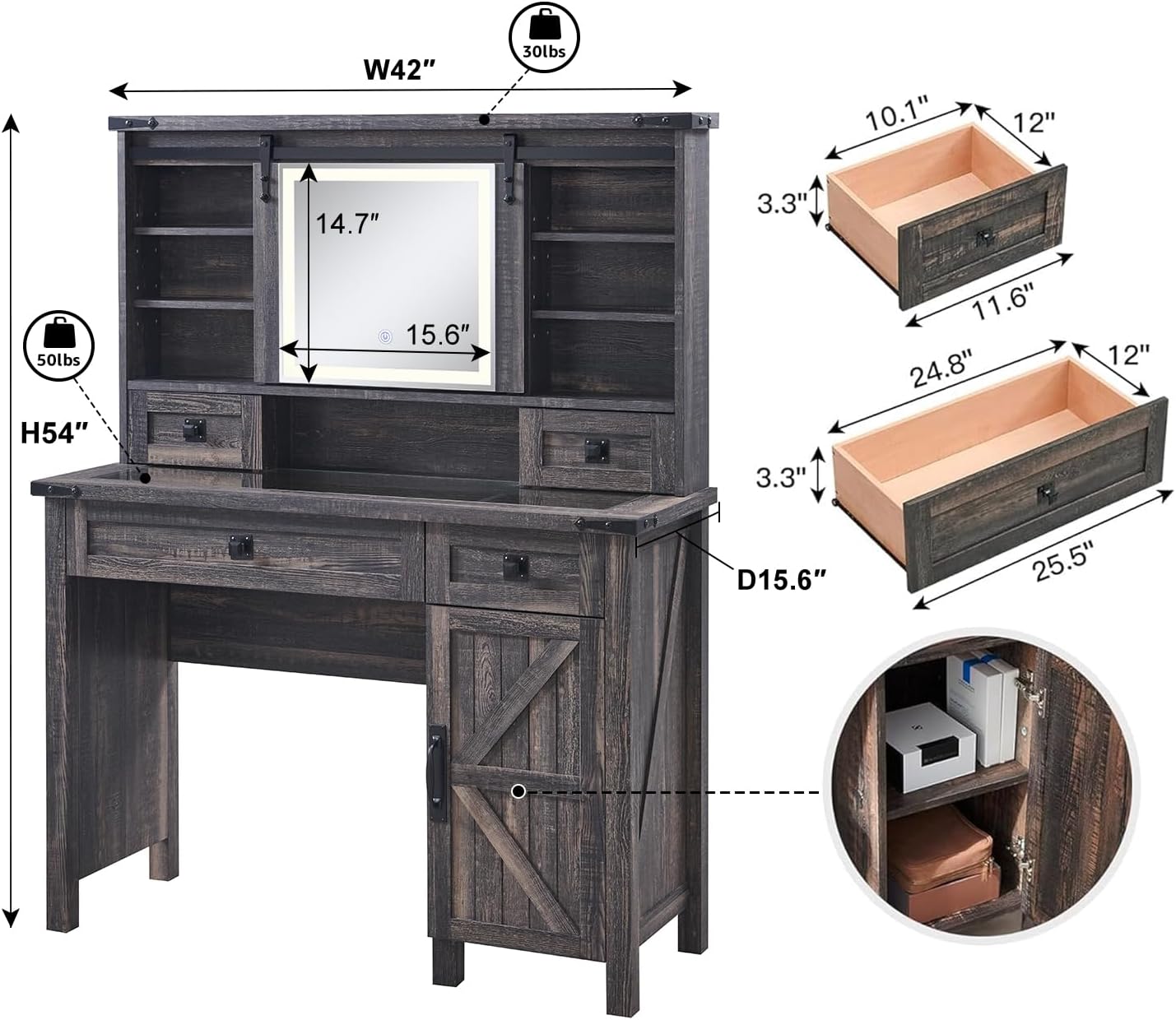 Farmhouse Makeup Vanity Desk with Sliding Mirror and Lights, Rustic Oak