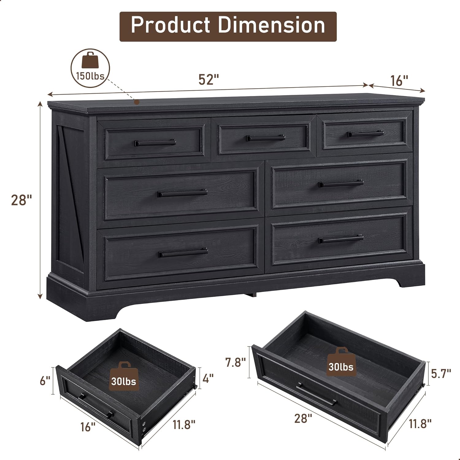 52" Wide Farmhouse 7-Drawer Dresser | Black Chest of Drawers