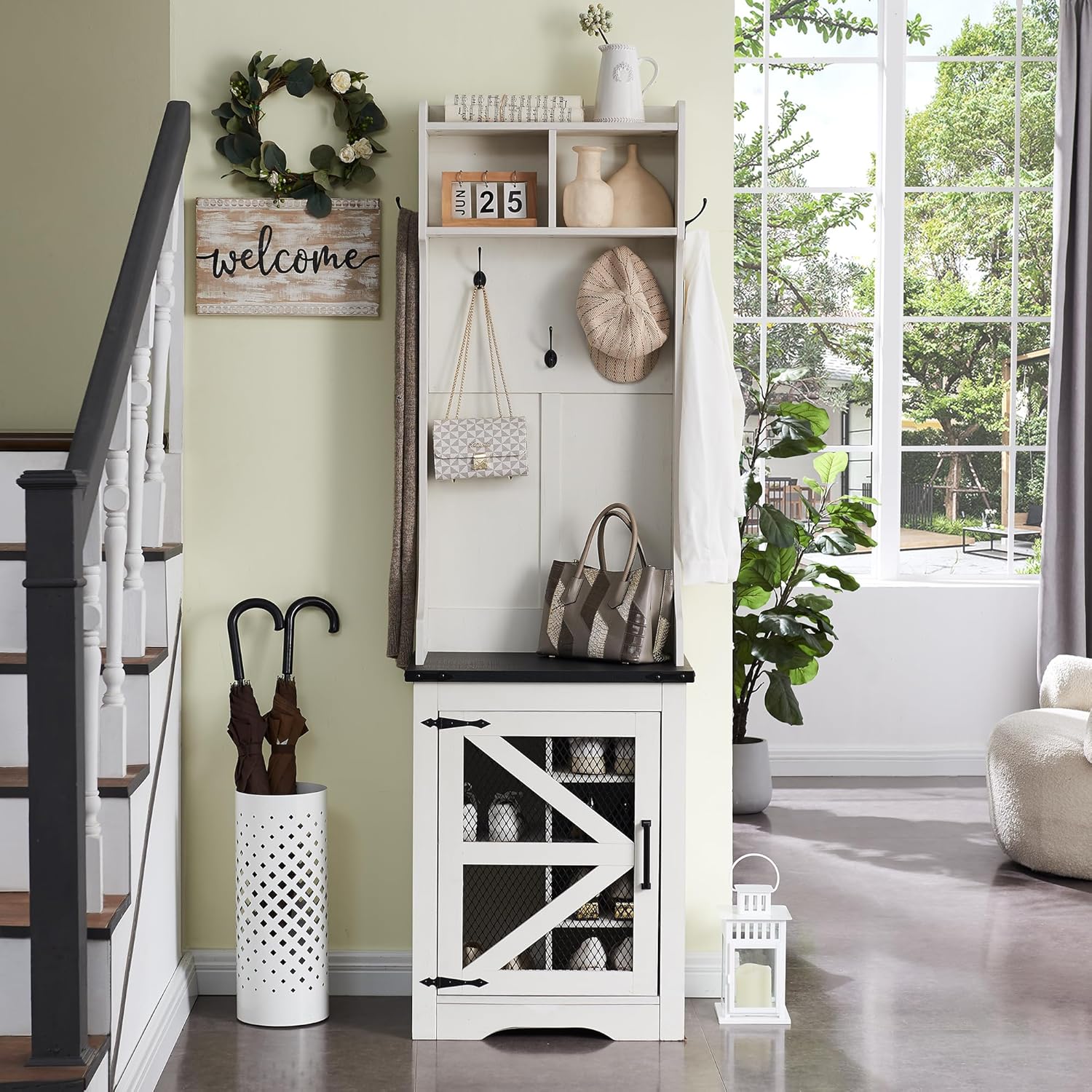 JXQTLINGMU Farmhouse Hall Tree with Shoe Storage Bench & 5 Hooks