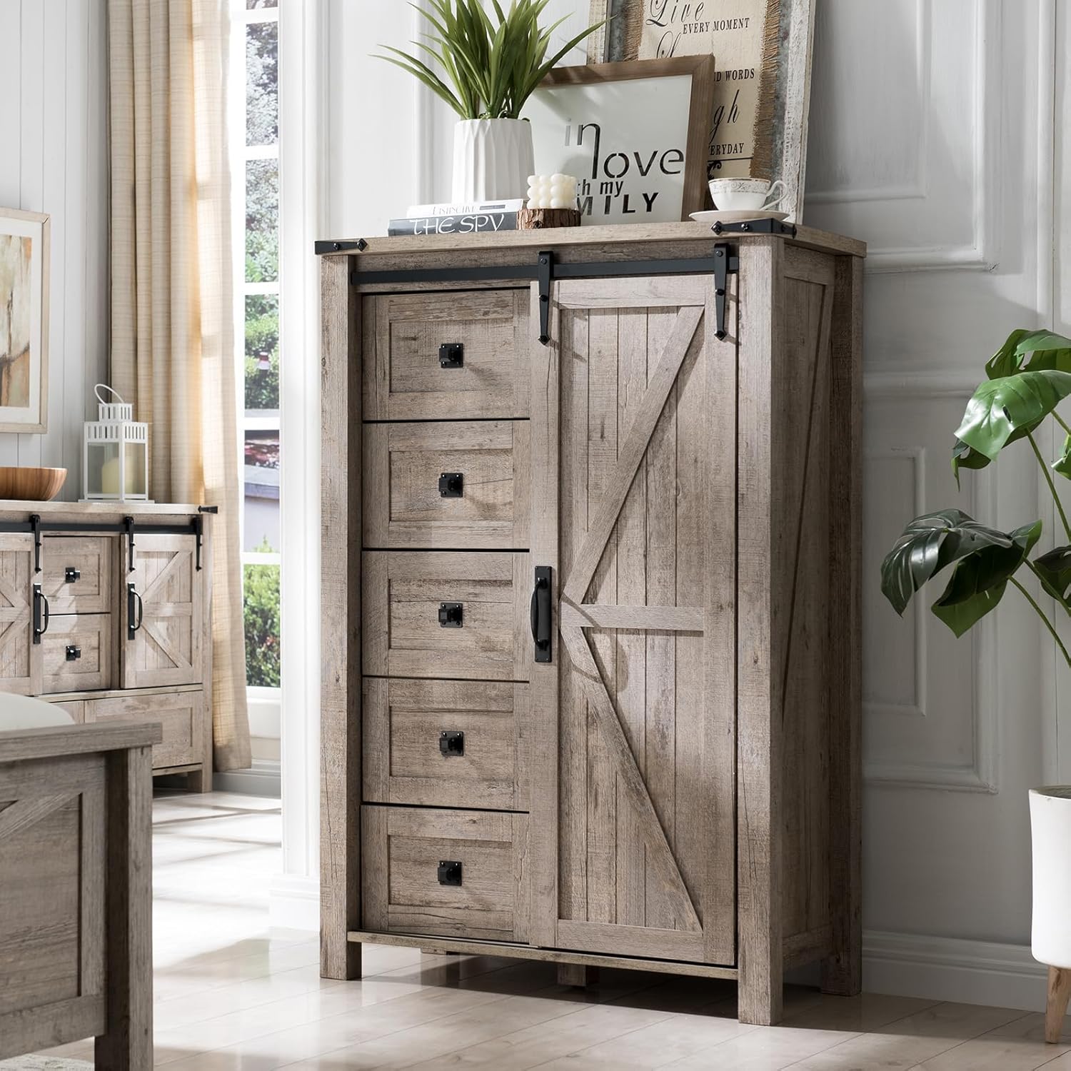 T4TREAM 5 Drawer Farmhouse Dresser with Sliding Barn Door