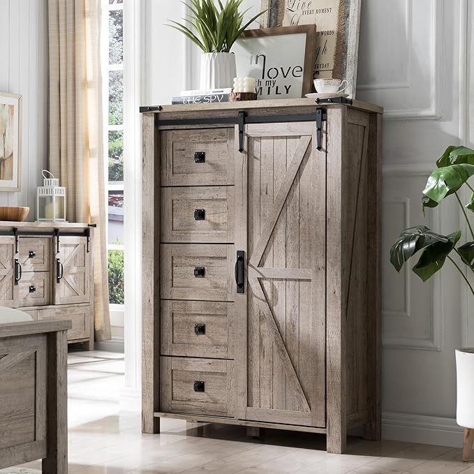 T4TREAM 5 Drawer Farmhouse Dresser with Sliding Barn Door